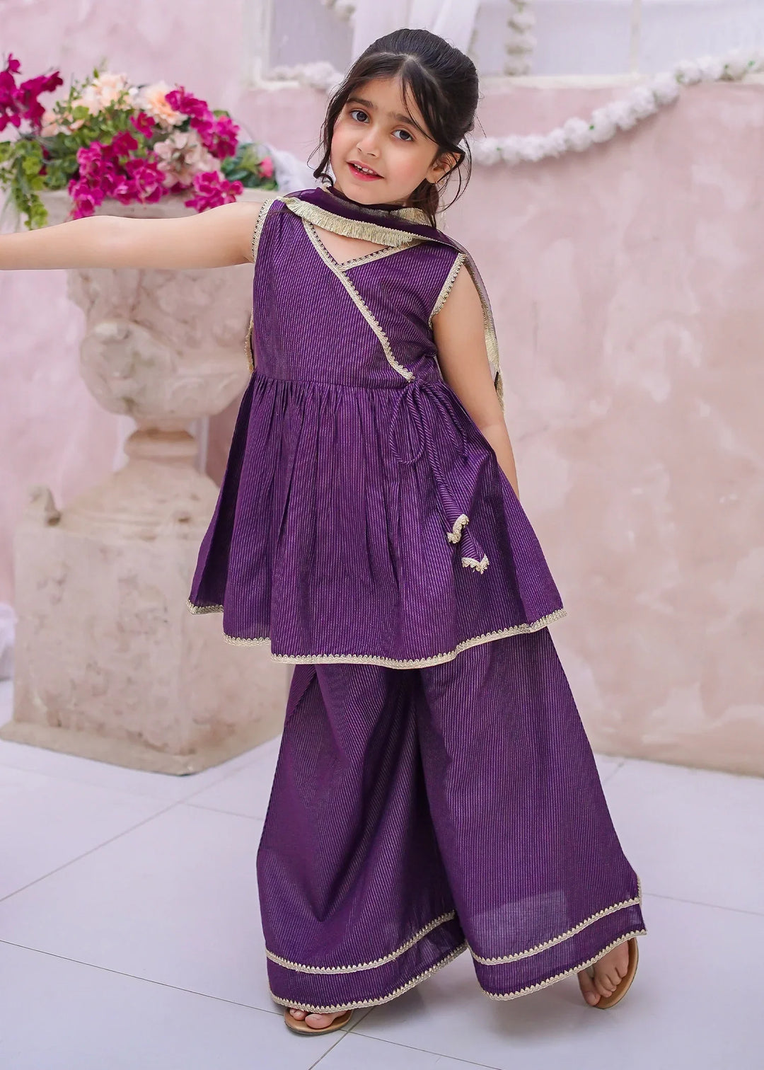 Modest Girls RTW Embroidered Cotton 3 Piece Suit Purple Sharara Festive Collection