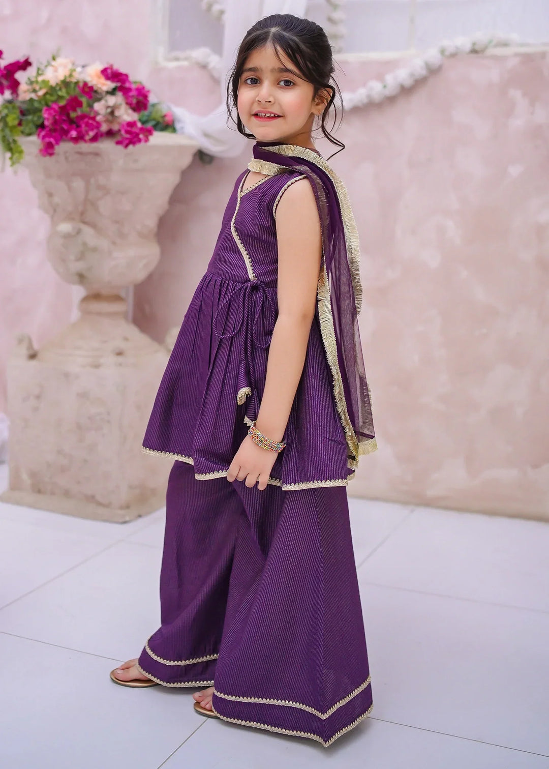Modest Girls RTW Embroidered Cotton 3 Piece Suit Purple Sharara Festive Collection