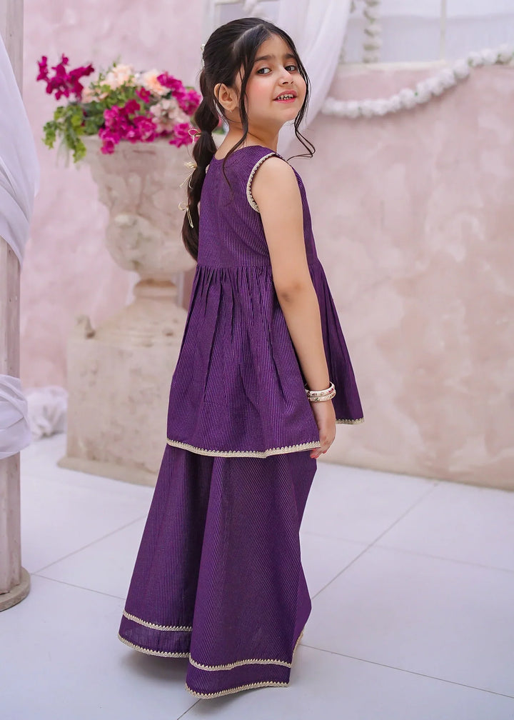 Modest Girls RTW Embroidered Cotton 3 Piece Suit Purple Sharara Festive Collection