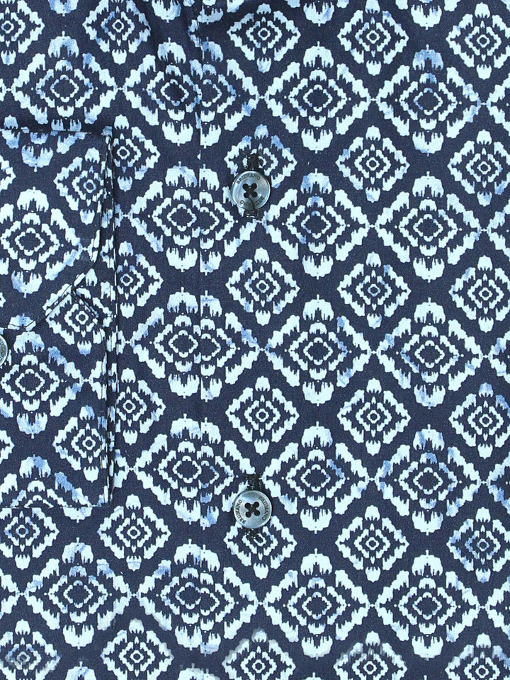 Brumano Mens RTW Solids Cotton Shirt Navy Blue N White Motif Print Casual Collection