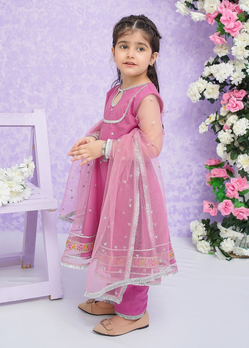 Modest Girls RTW Embroidered Net 3 Piece Suit Pink Frock Wedding Collection