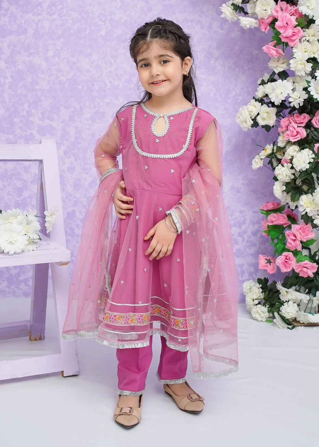 Modest Girls RTW Embroidered Net 3 Piece Suit Pink Frock Wedding Collection
