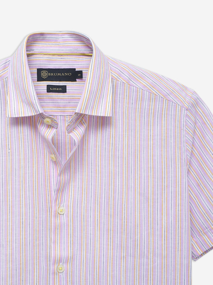 Brumano Ready To Wear Shirts Men 1 Piece Cotton Pink Linen Striped Half Sleeve Shirt 0-33-024-3351 - Summer Collection