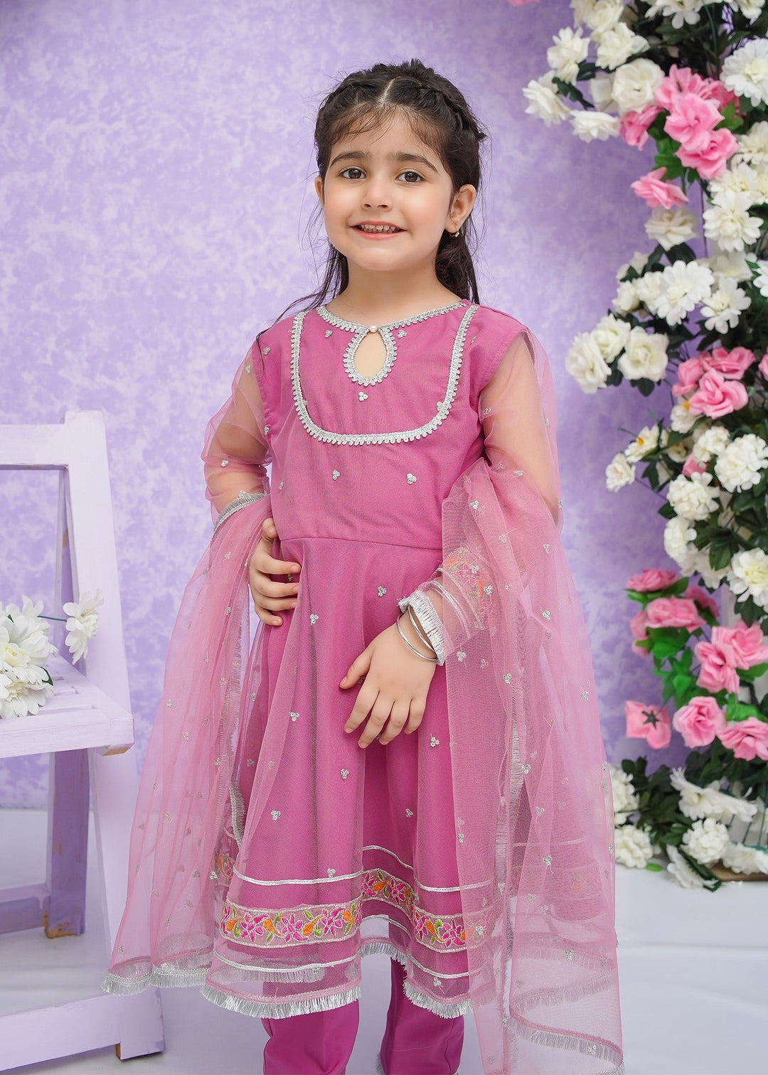 Modest Girls RTW Embroidered Net 3 Piece Suit Pink Frock Wedding Collection