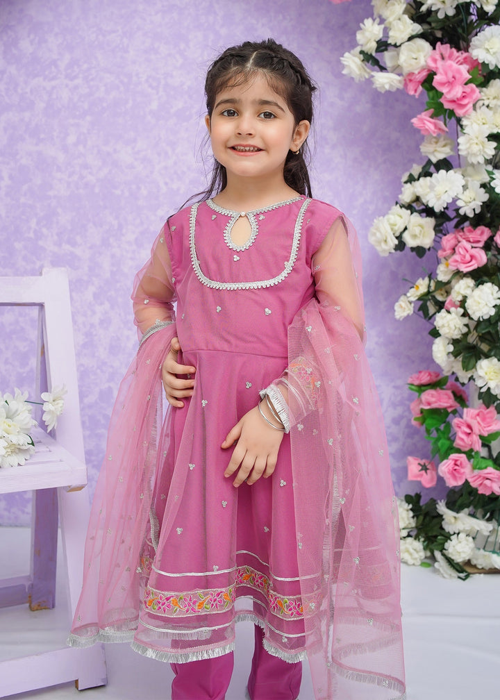 Modest Girls RTW Embroidered Net 3 Piece Suit Pink Frock Wedding Collection