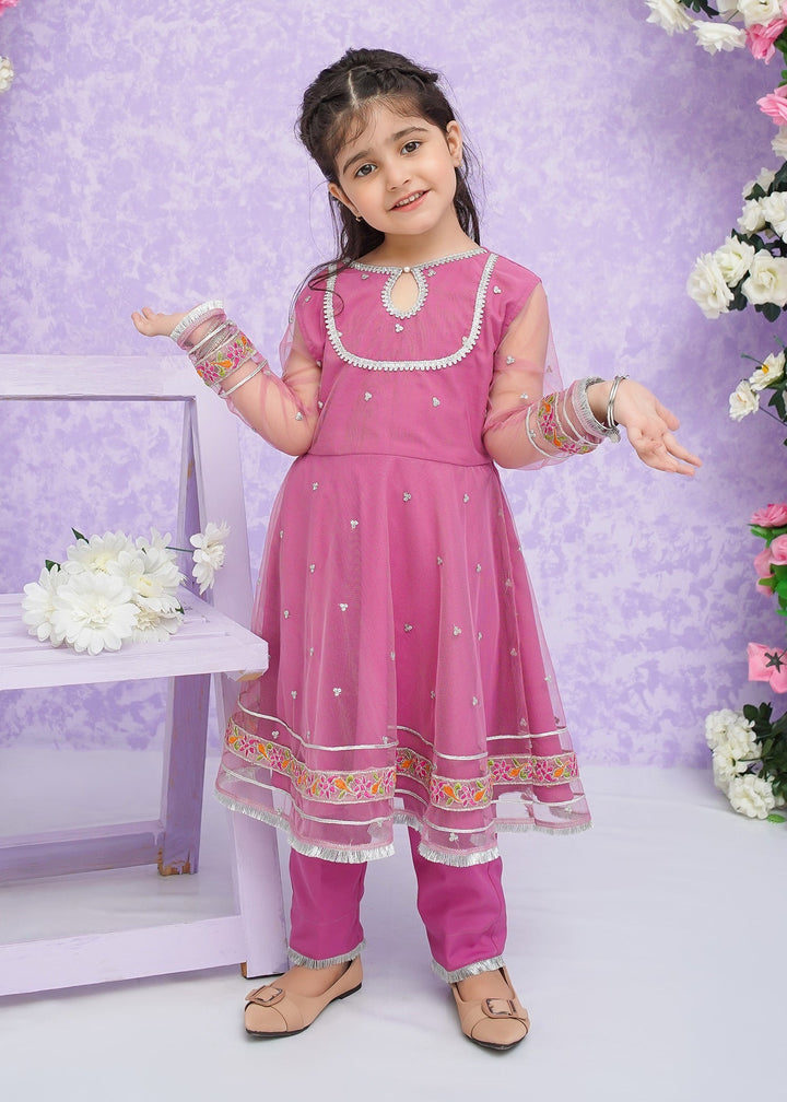 Modest Girls RTW Embroidered Net 3 Piece Suit Pink Frock Wedding Collection