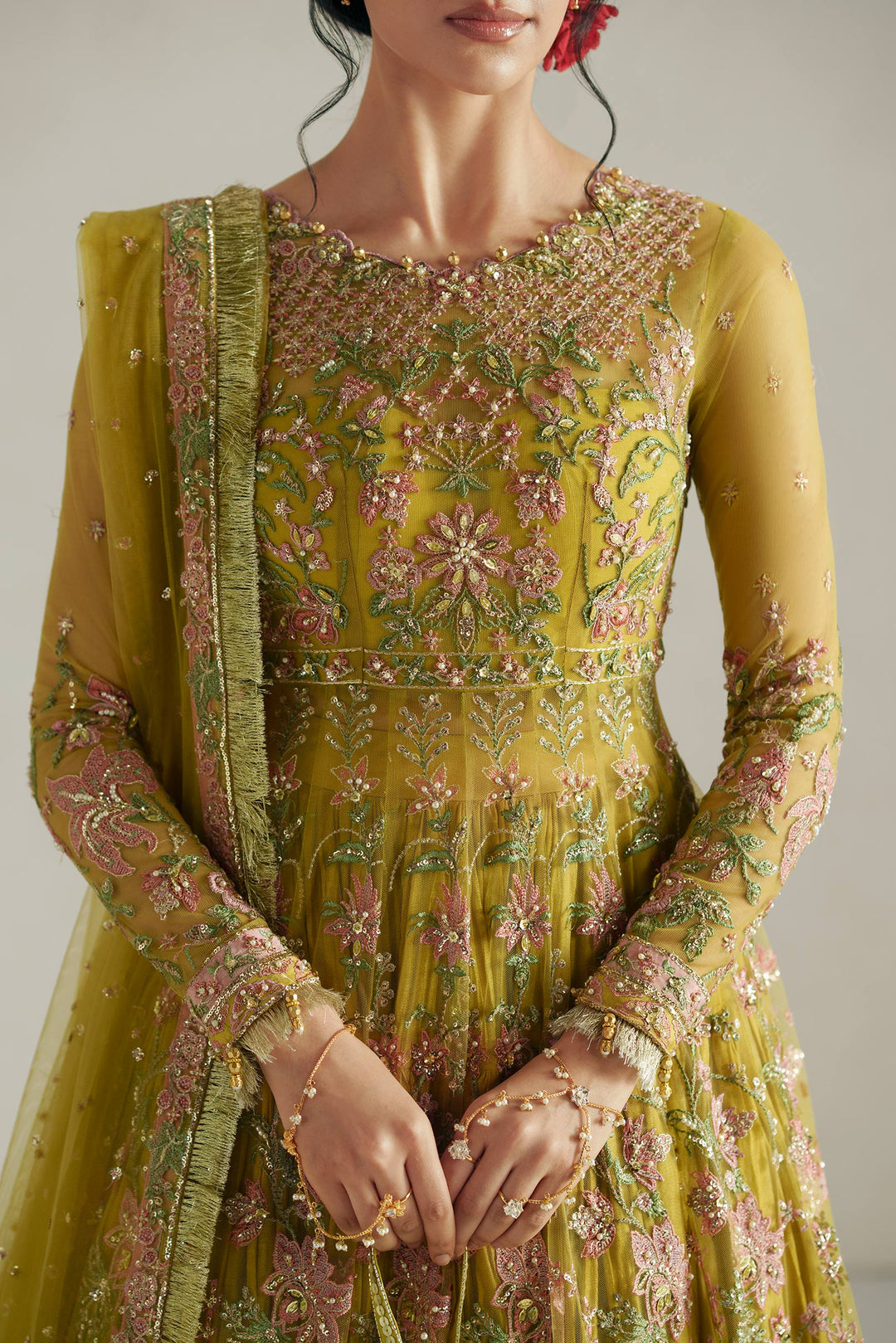 Vera Unstitched Embroidered Net 4 Piece Suit VR26UWF Marigold Mustard - Wedding Collection