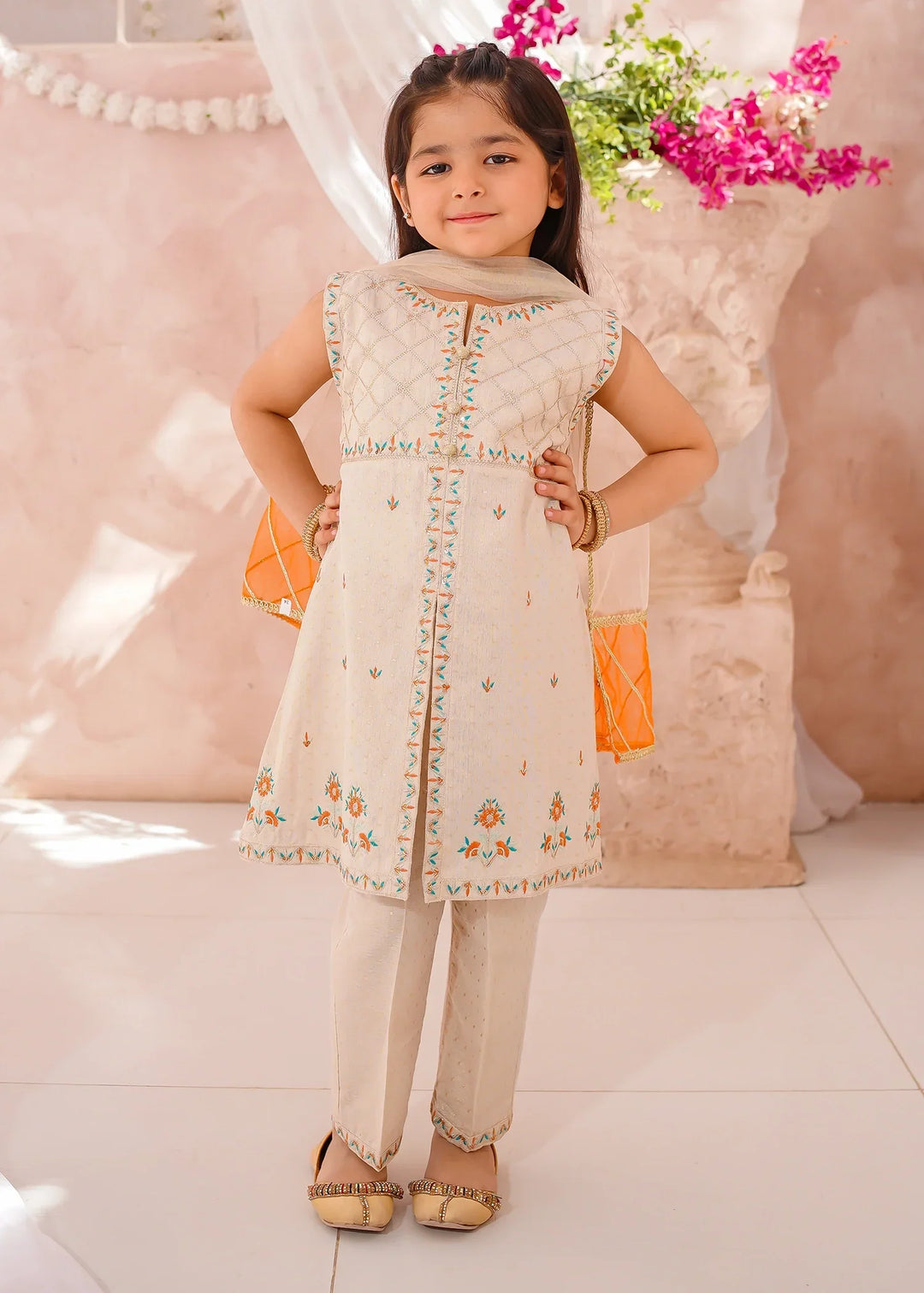 Modest Girls RTW Embroidered Cotton 3 Piece Suit White Festive Collection