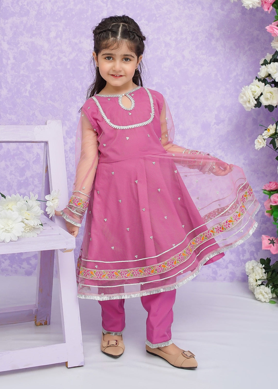 Modest Girls RTW Embroidered Net 3 Piece Suit Pink Frock Wedding Collection