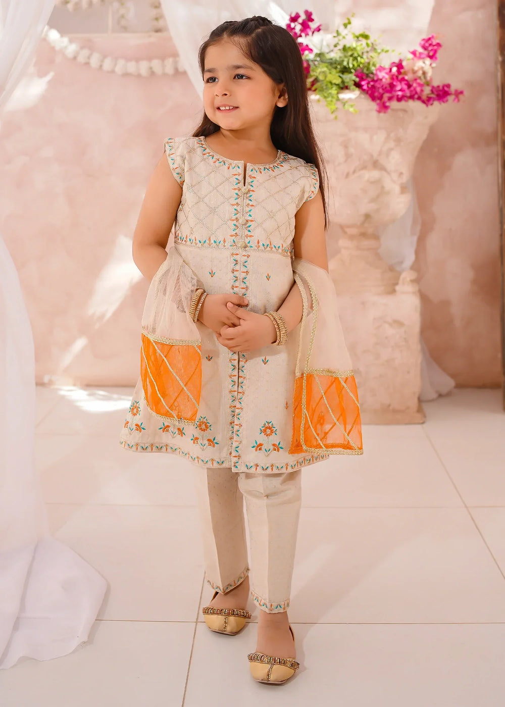 Modest Girls RTW Embroidered Cotton 3 Piece Suit White Festive Collection