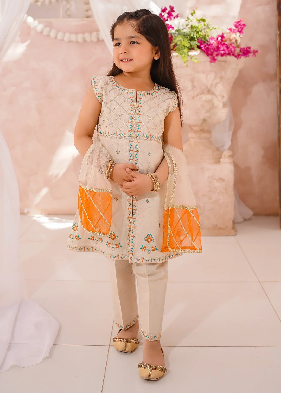 Modest Girls RTW Embroidered Cotton 3 Piece Suit White Festive Collection