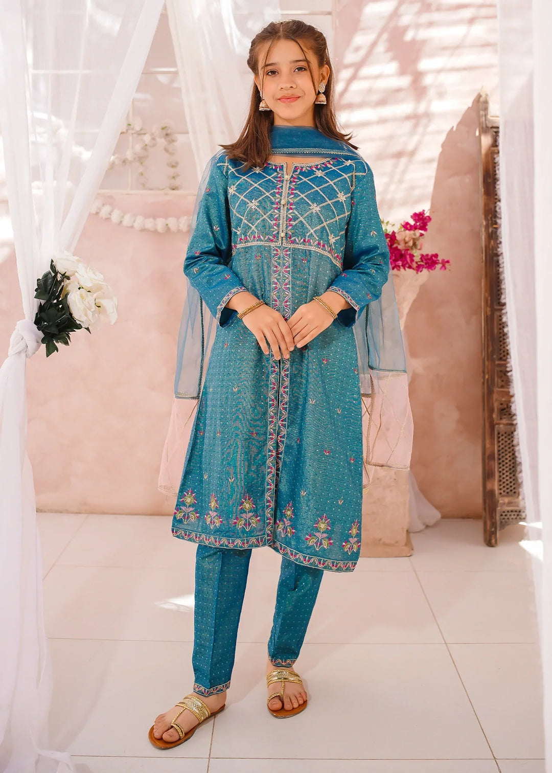 Modest Girls RTW Embroidered Cotton 3 Piece Suit Blue Festive Collection