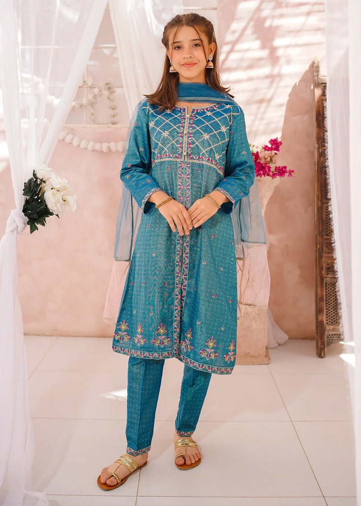 Modest Girls RTW Embroidered Cotton 3 Piece Suit Blue Festive Collection