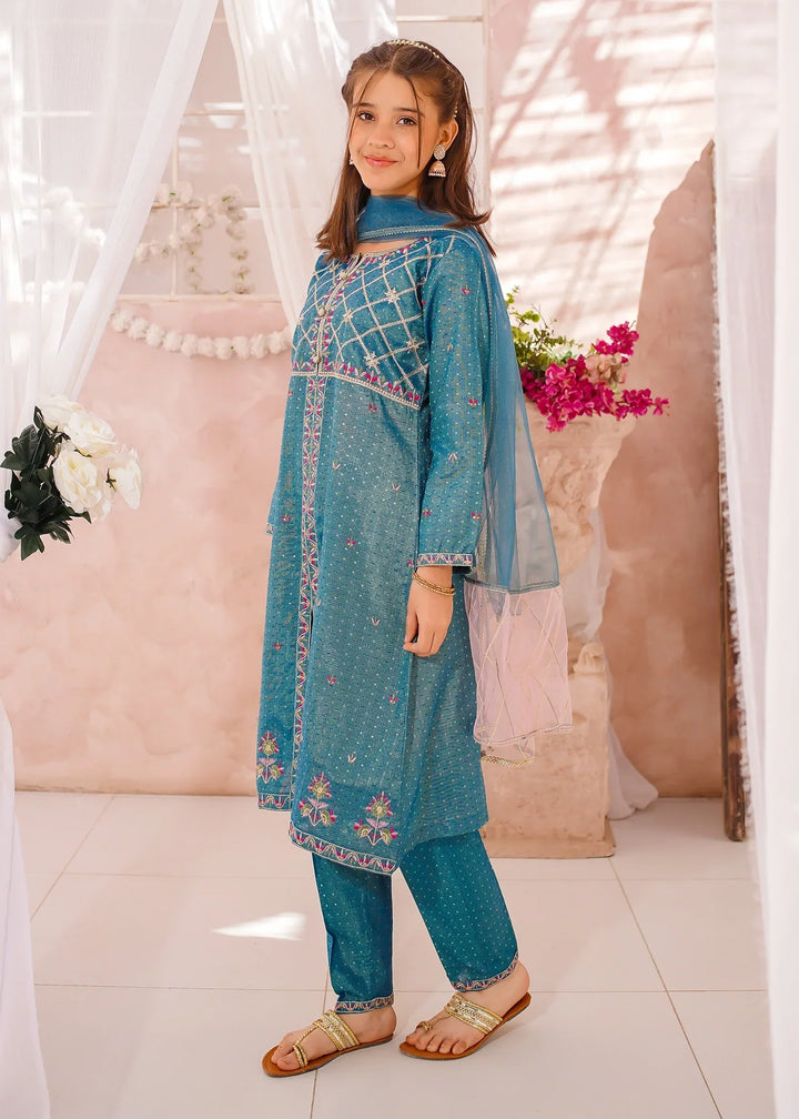 Modest Girls RTW Embroidered Cotton 3 Piece Suit Blue Festive Collection