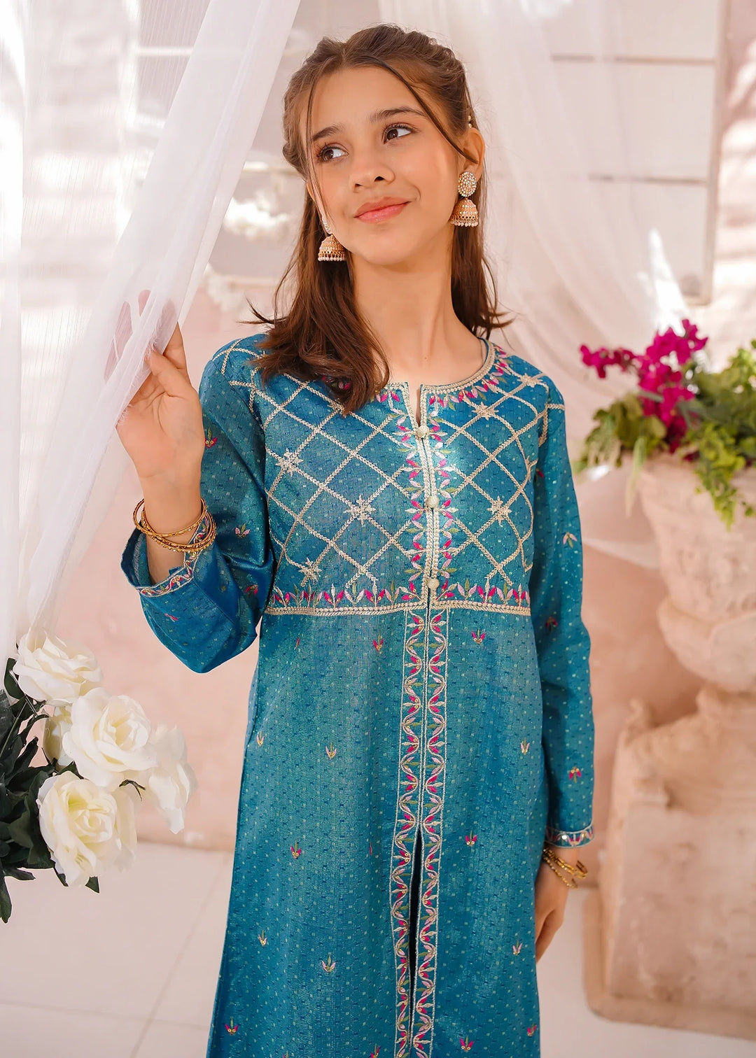 Modest Girls RTW Embroidered Cotton 3 Piece Suit Blue Festive Collection