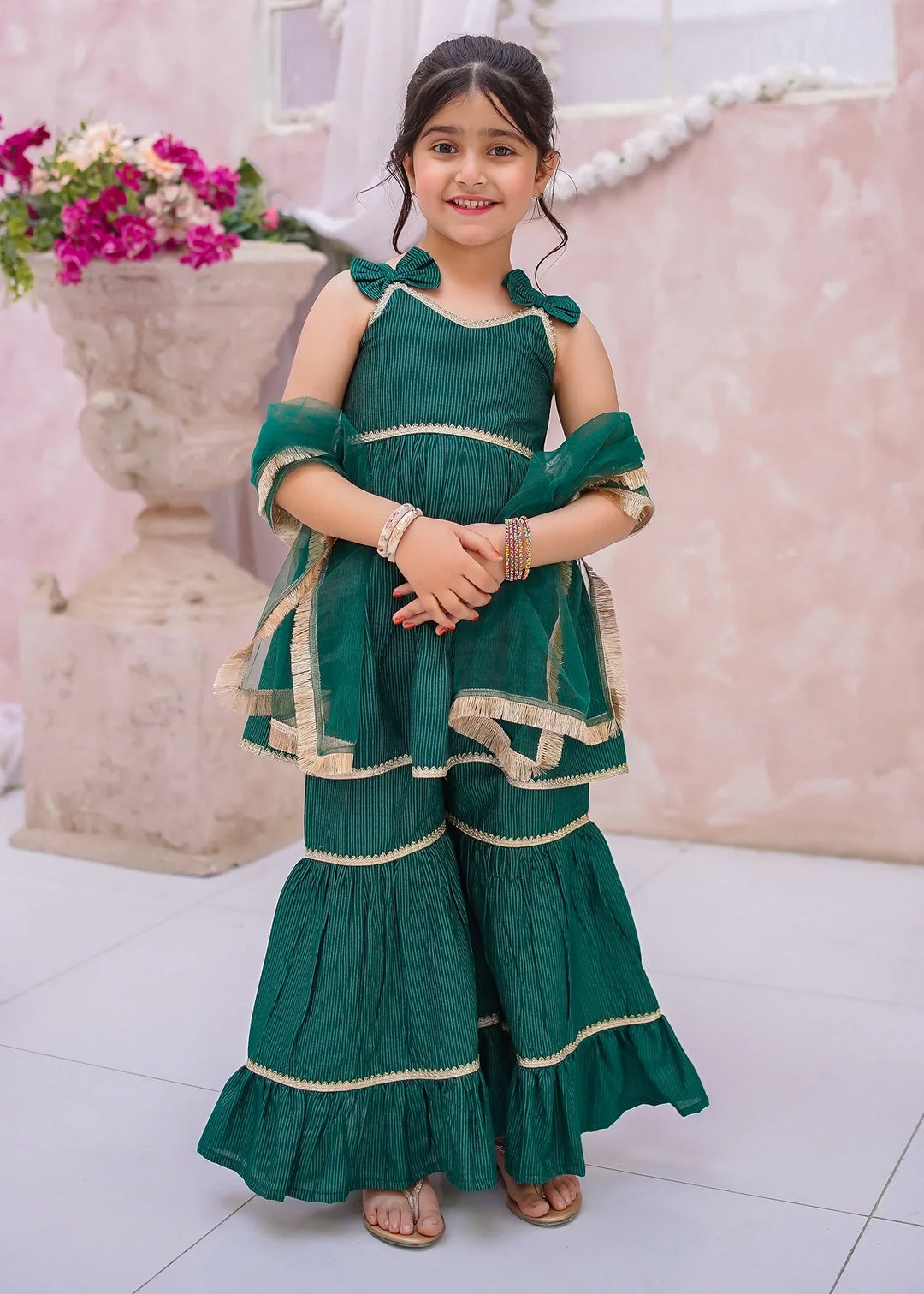 Modest Girls RTW Embroidered Cotton 3 Piece Suit Green Gharara Festive Collection