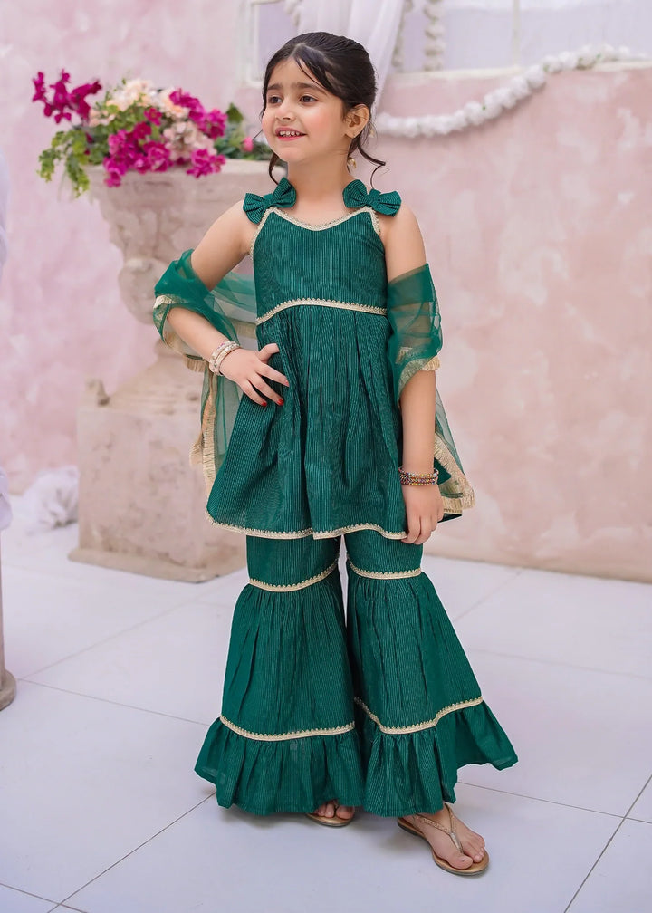 Modest Girls RTW Embroidered Cotton 3 Piece Suit Green Gharara Festive Collection