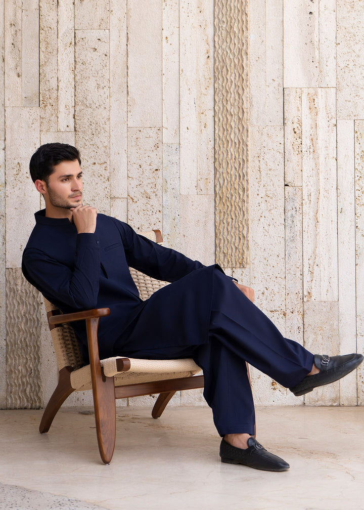 Buraq Men RTW Solids Blended Cotton 3 Piece Suit Navy Blue Winter Collection