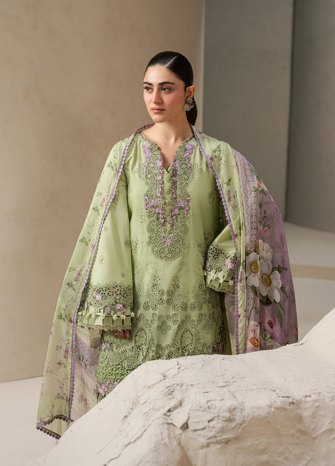 E-Craft by Elaf Unstitched Embroidered Lawn 3 Piece Suit EHC-6A Basil - Casual Collection