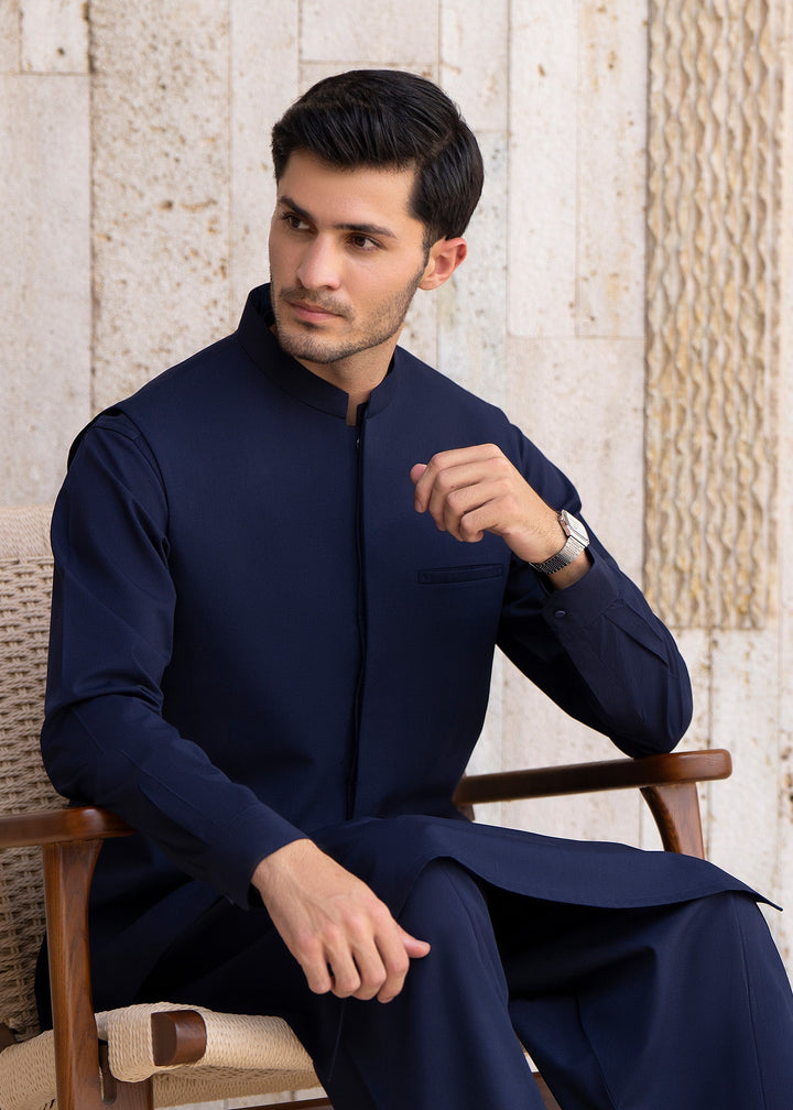 Buraq Men RTW Solids Blended Cotton 3 Piece Suit Navy Blue Winter Collection