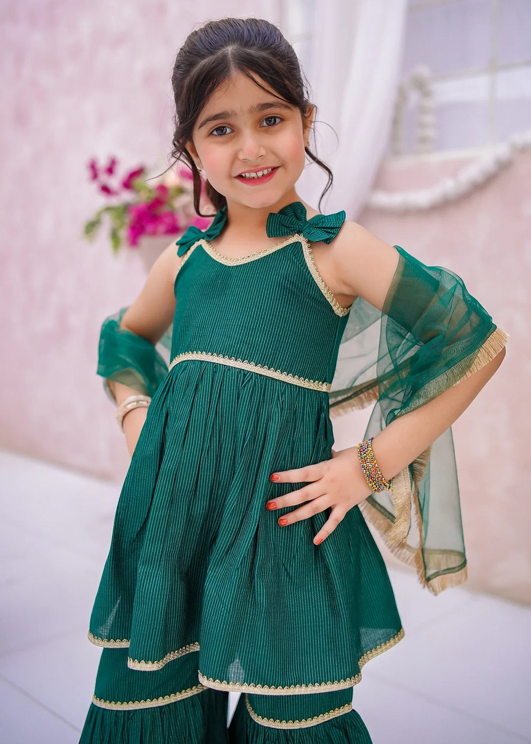 Modest Girls RTW Embroidered Cotton 3 Piece Suit Green Gharara Festive Collection