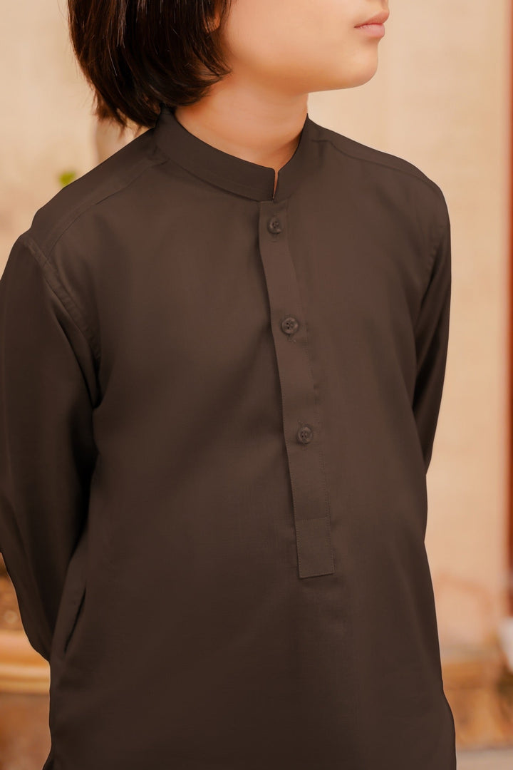 Paasban by Divinely Crafted Solids Blended 2 Piece Shalwar Kameez For Kids Mocha Brown - Summer Collection