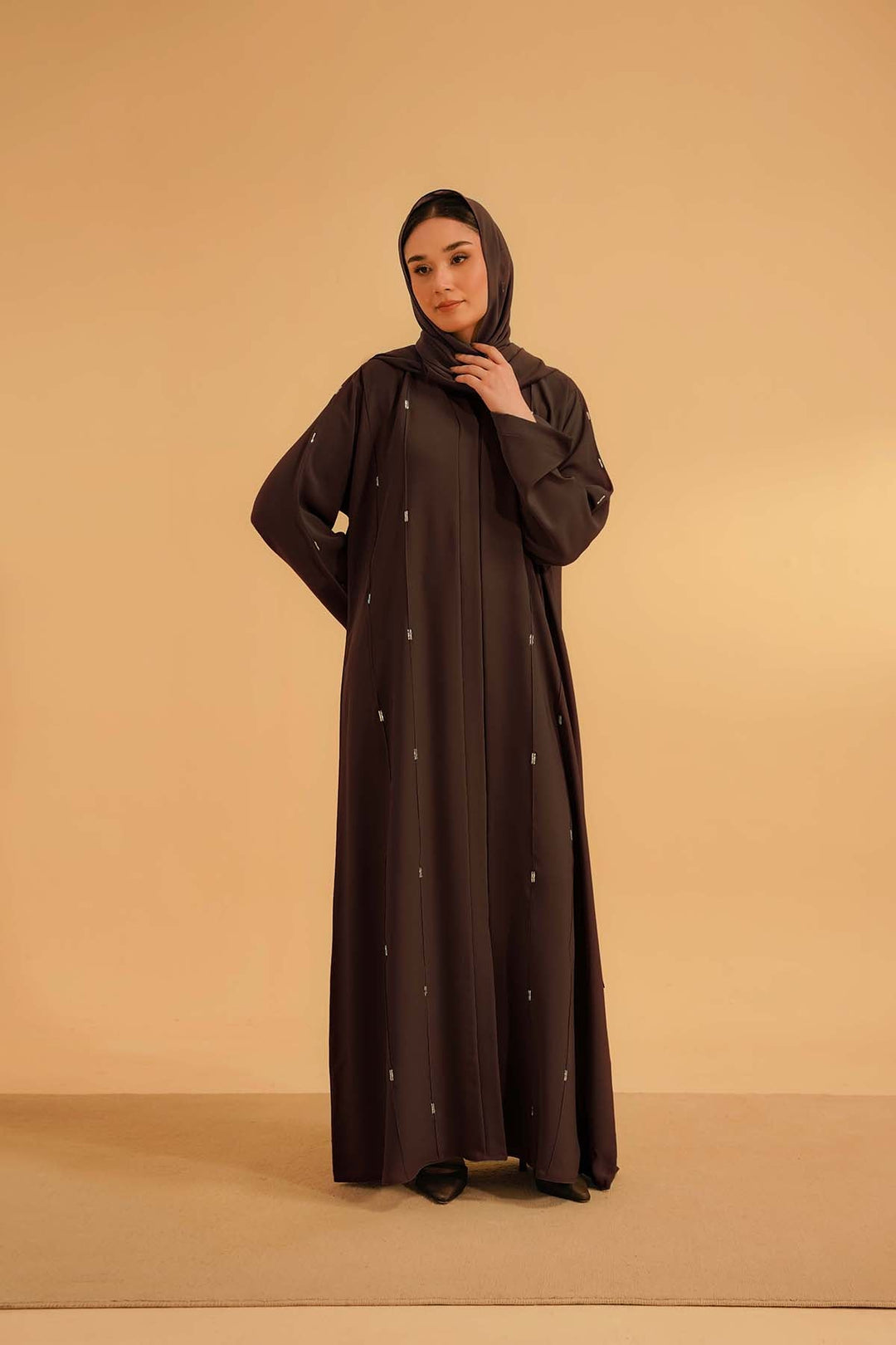 Divinely Crafted Women Pret Solids 1 Piece Georgette Embellished Abaya Mocha Brown - Summer Collection