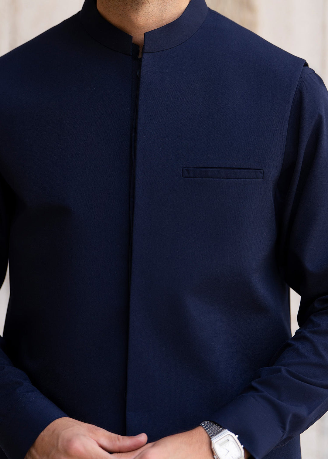 Buraq Men RTW Solids Blended Cotton 3 Piece Suit Navy Blue Winter Collection
