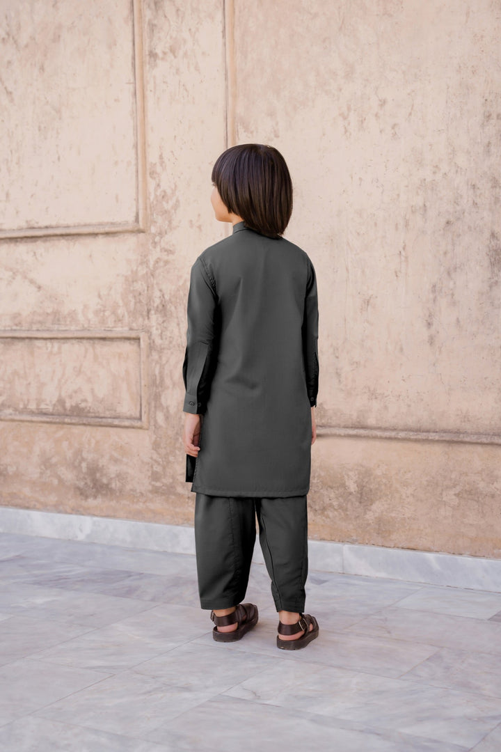 Paasban by Divinely Crafted Solids Blended 2 Piece Shalwar Kameez For Kids Jet Black - Summer Collection