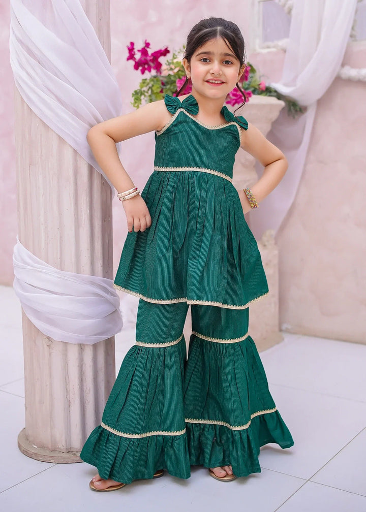 Modest Girls RTW Embroidered Cotton 3 Piece Suit Green Gharara Festive Collection