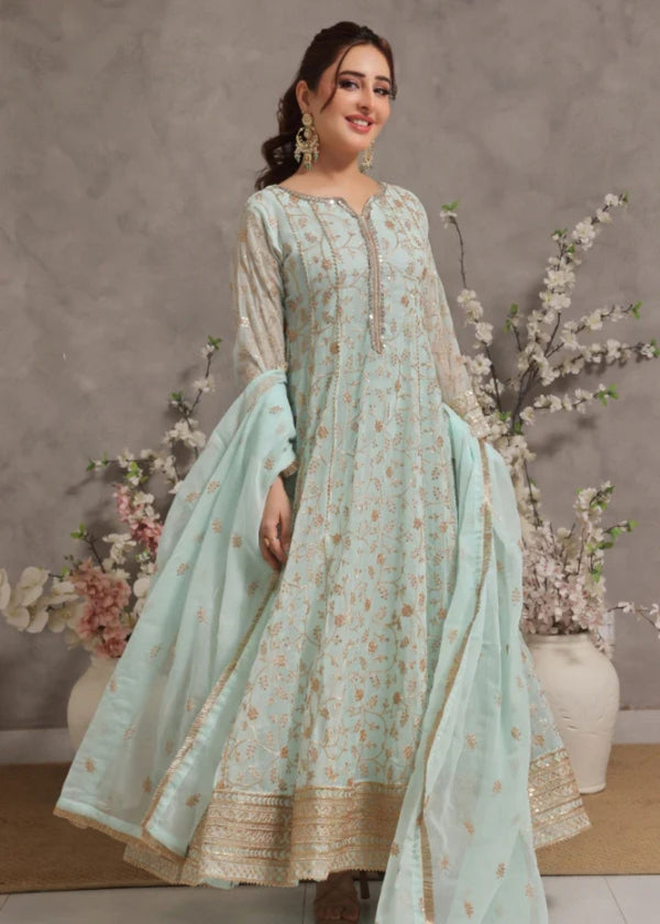 Unss Apparel Women Pret Embroidered Chiffon 3 Piece Suit Haani Mint Green - Festive Collection