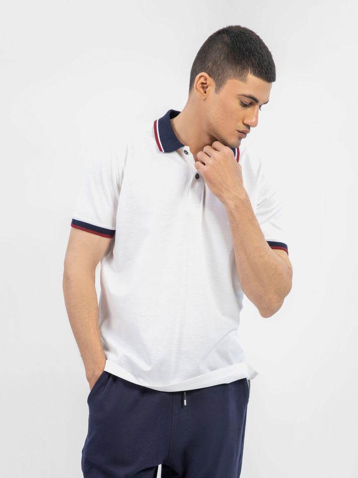 Brumano  Solids Cotton Polo White Pique Polo With Contrasting Navy Collar