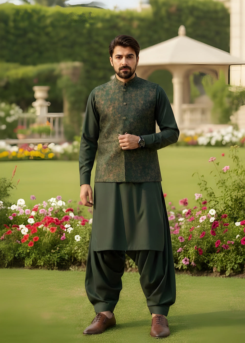 TGM Men RTW Textured Blended 3 Piece Suit Basil Green Festive Collection