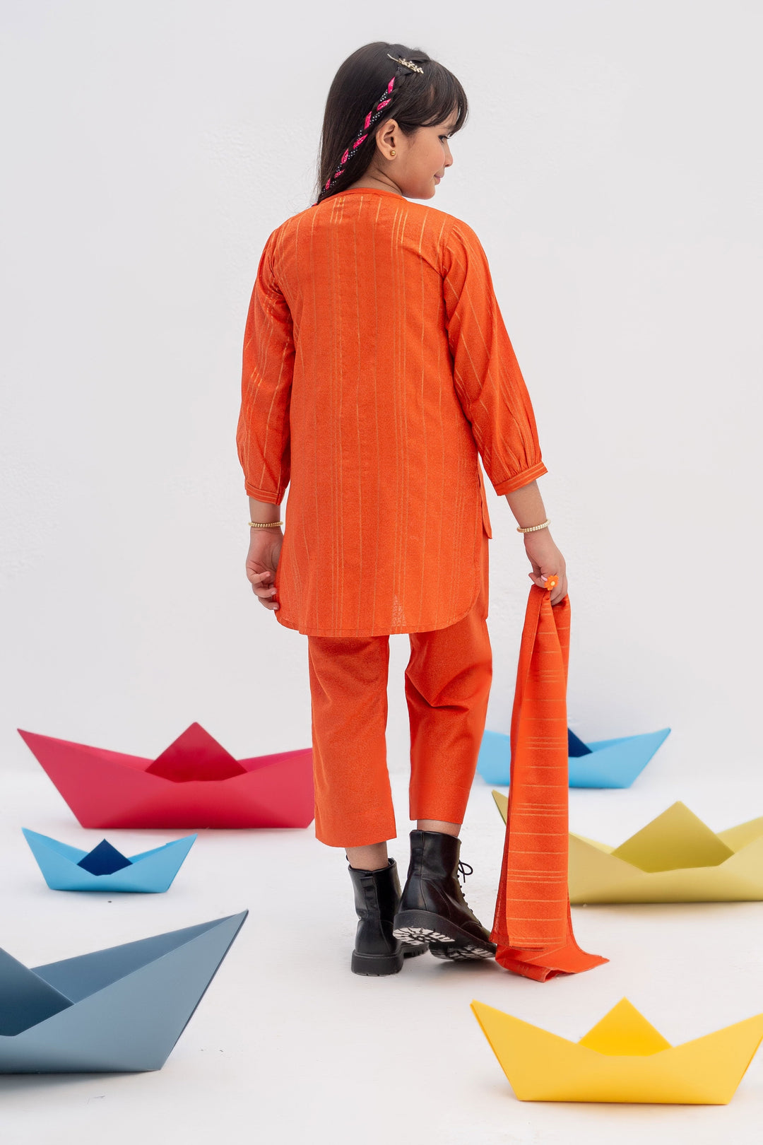 Senorita Kids RTW Orange and Gold Casual 3 Piece Suit Karandi  KAD-02437 - WInter Collection