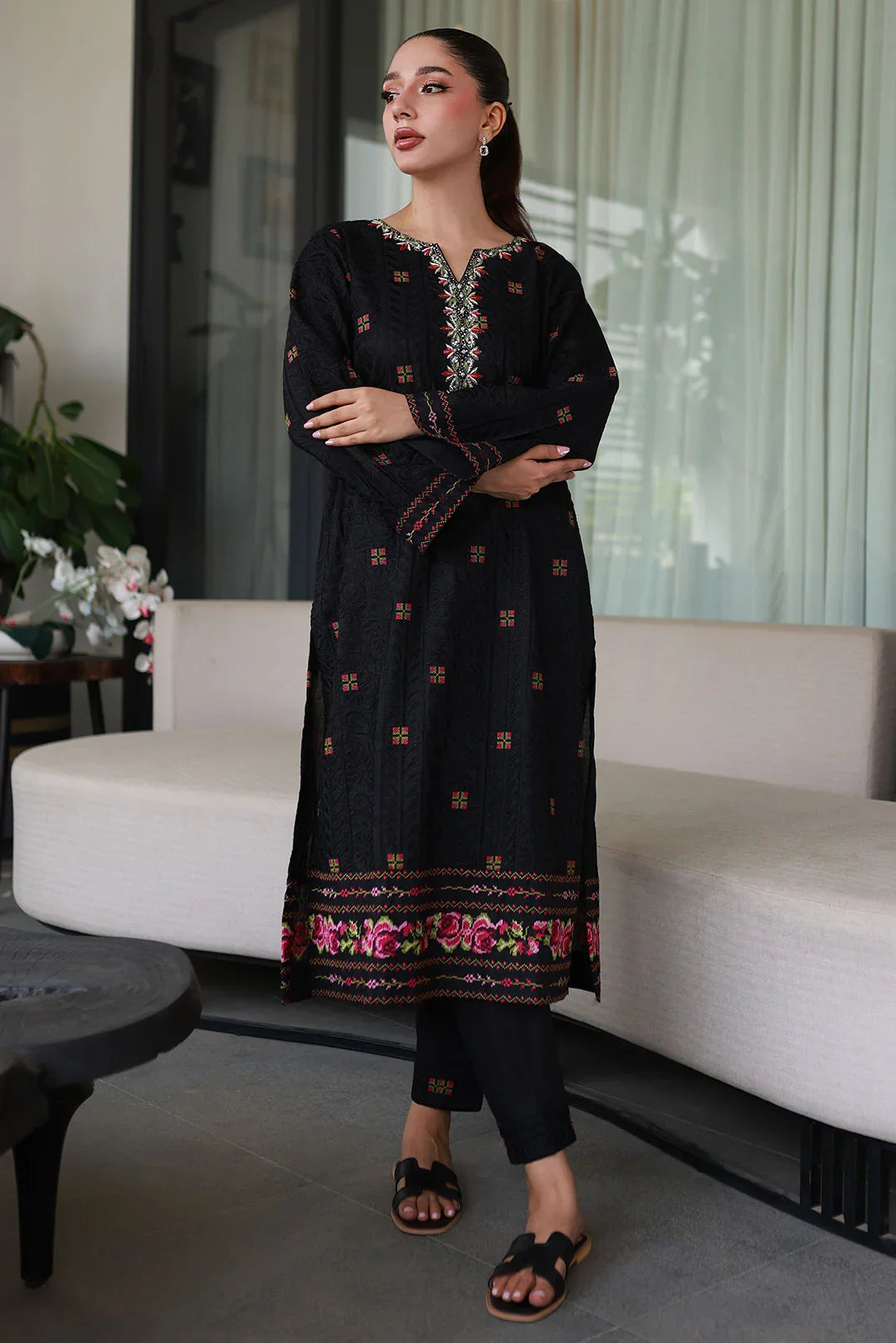 Nadia Khan Pret Embroidered Raw Silk 2 Piece Jet Black