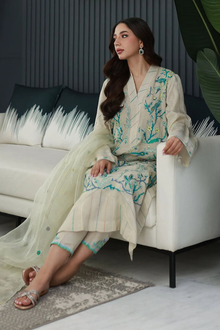Nadia Khan Pret Embroidered Raw Silk 3 Piece Seashell White