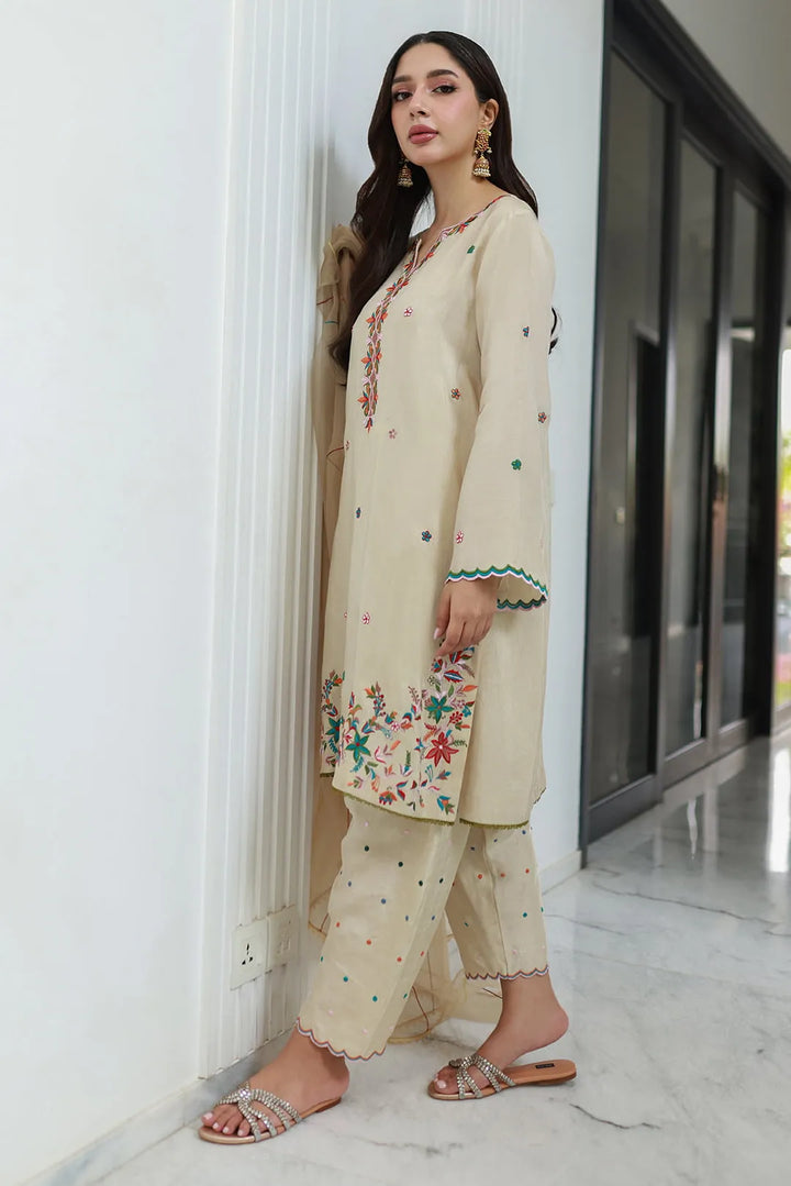 Nadia Khan Pret Embroidered Raw Silk 3 Piece Pastel Cream