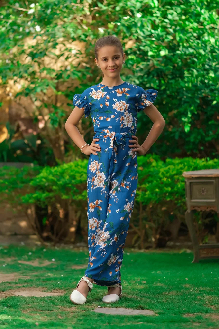 Dhaga Kids Pret Printed Linen 1 Piece Blue White Floral Ruffle Jumpsuit DHKJP01 - Summer Collection