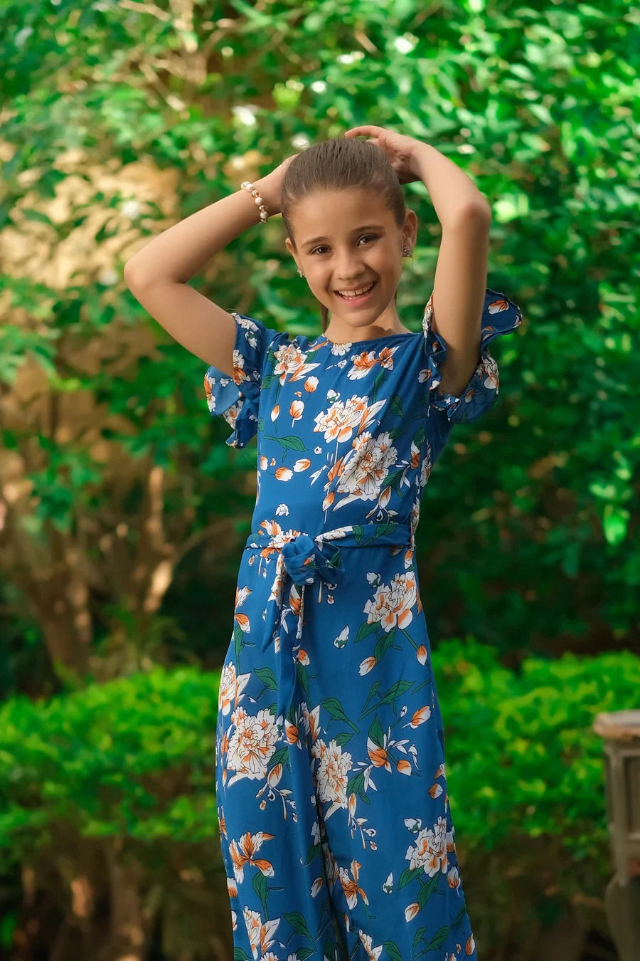 Dhaga Kids Pret Printed Linen 1 Piece Blue White Floral Ruffle Jumpsuit DHKJP01 - Summer Collection