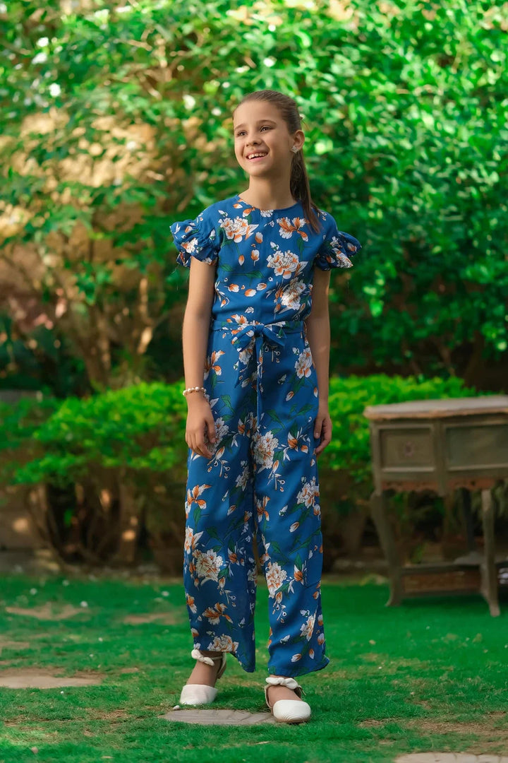 Dhaga Kids Pret Printed Linen 1 Piece Blue White Floral Ruffle Jumpsuit DHKJP01 - Summer Collection