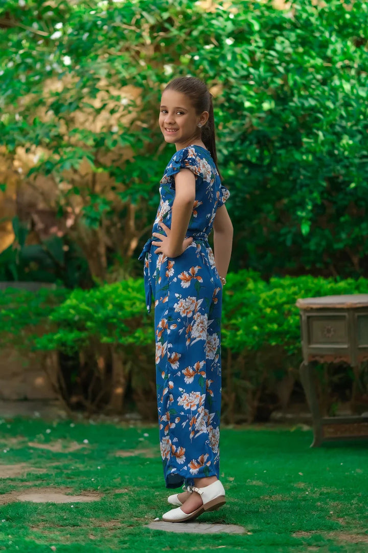 Dhaga Kids Pret Printed Linen 1 Piece Blue White Floral Ruffle Jumpsuit DHKJP01 - Summer Collection