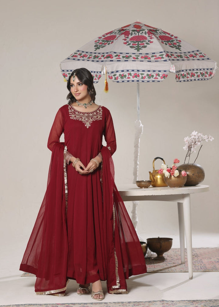 Unss Apparel Women Pret Embroidered Chiffon 3 piece suit Nureh Wine Red - Festive Collection