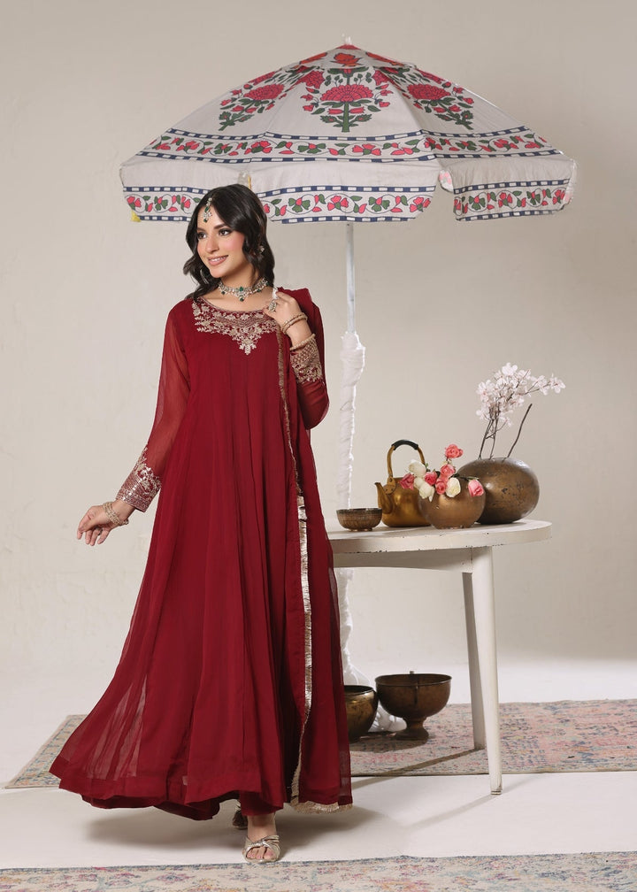 Unss Apparel Women Pret Embroidered Chiffon 3 piece suit Nureh Wine Red - Festive Collection