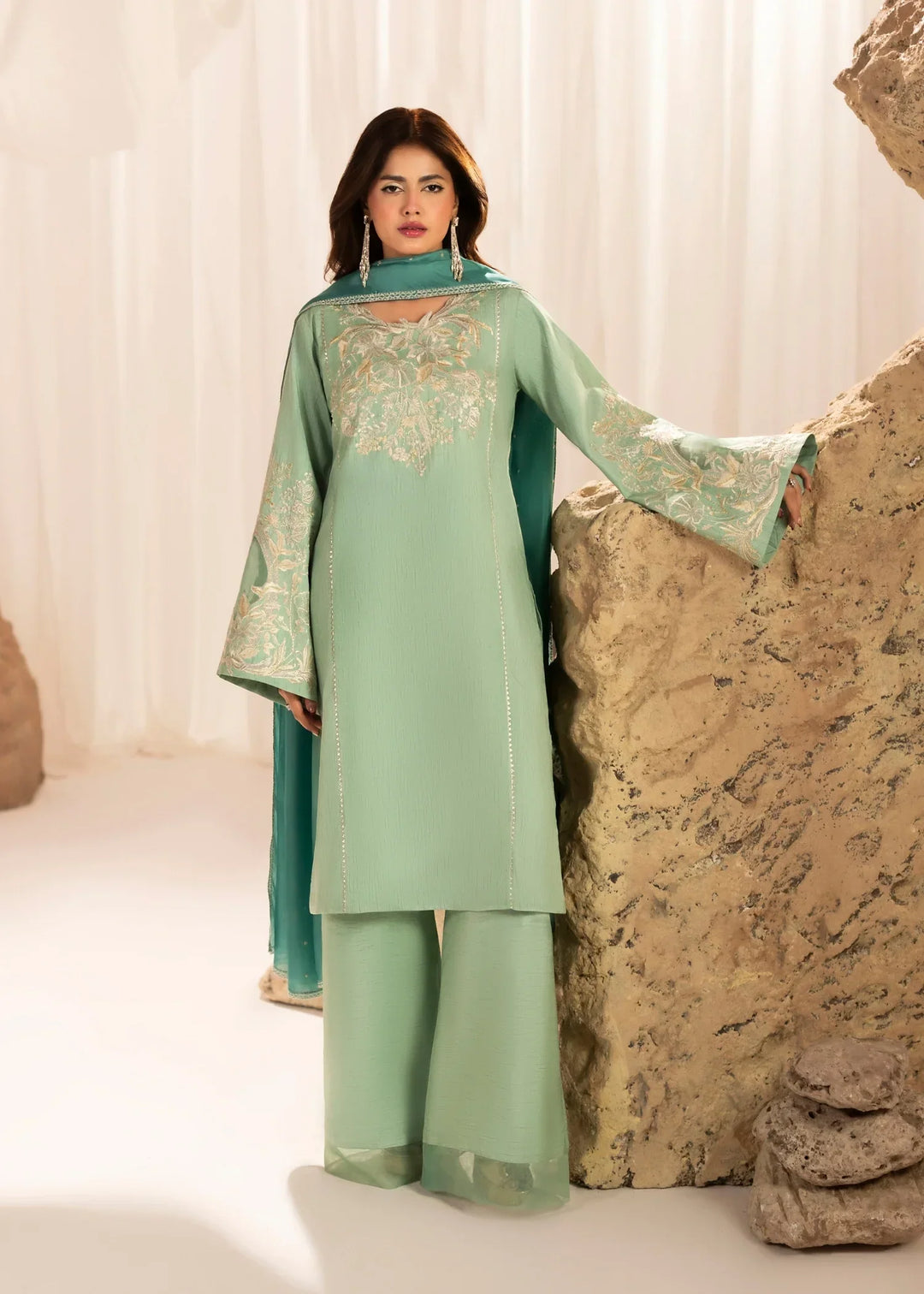 Silk Atelier by Jamni RTW Embroidered Korean Silk 3 Piece Suit SEAFORM SUGAR Festive Collection