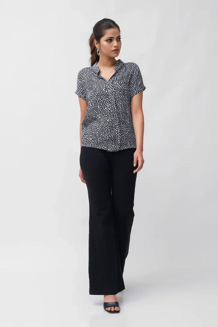 Dhaga Women Western Solids T- Shirt jersy White Polka Notched Neck Bishop Sleeve Blouse DS100020 - Summer Collection