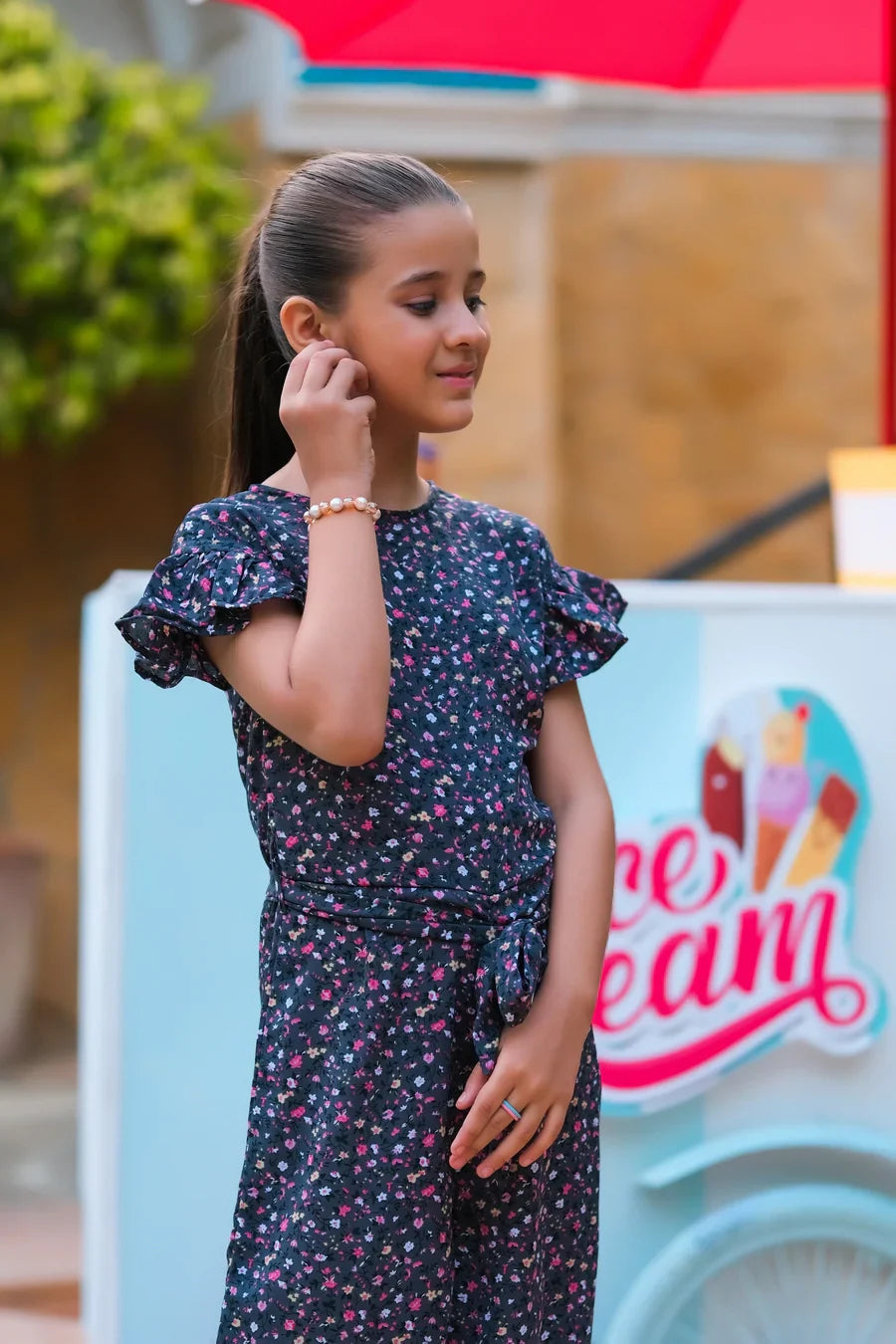 Dhaga Kids Pret Solids Linen 1 Piece Grey Pink Floral Ruffle Jumpsuit DHKJP01 - Summer Collection