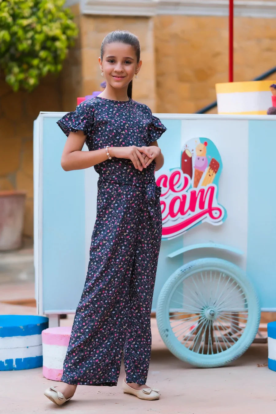Dhaga Kids Pret Solids Linen 1 Piece Grey Pink Floral Ruffle Jumpsuit DHKJP01 - Summer Collection