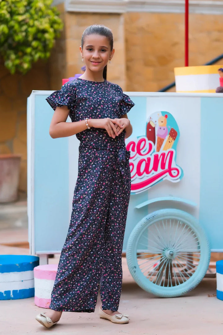 Dhaga Kids Pret Solids Linen 1 Piece Grey Pink Floral Ruffle Jumpsuit DHKJP01 - Summer Collection