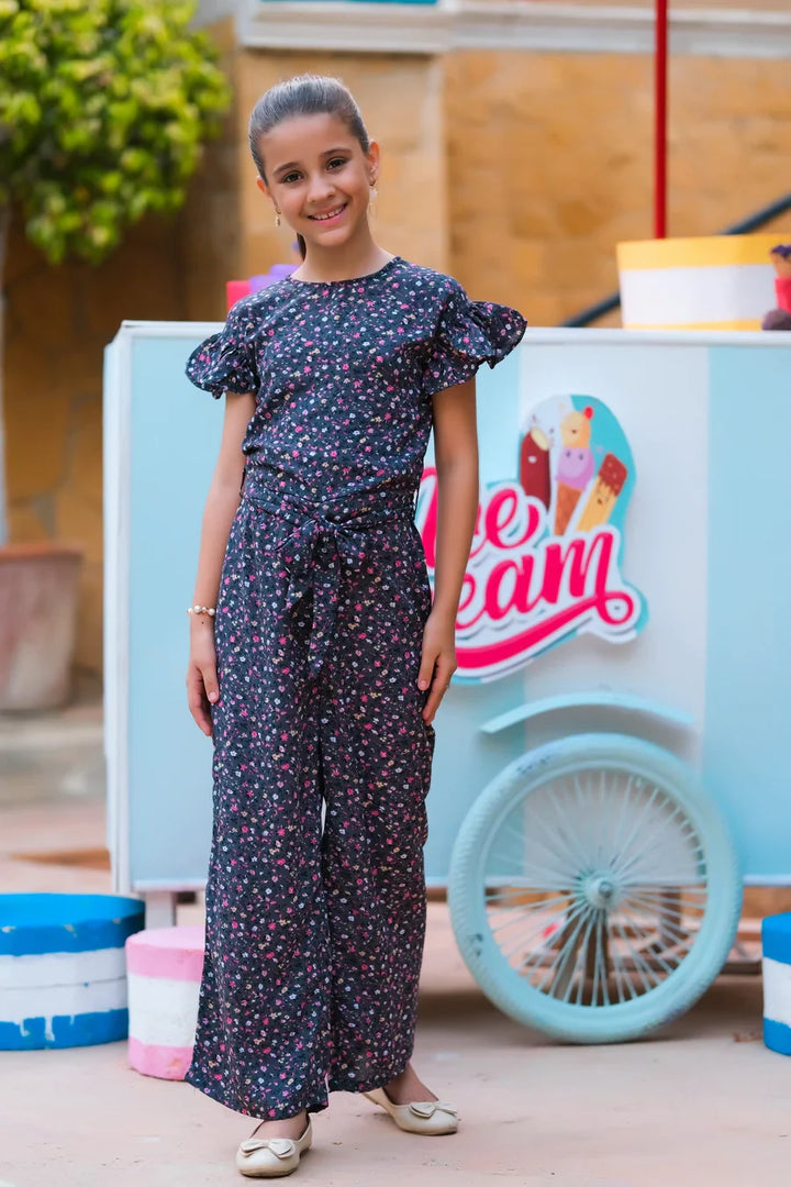 Dhaga Kids Pret Solids Linen 1 Piece Grey Pink Floral Ruffle Jumpsuit DHKJP01 - Summer Collection