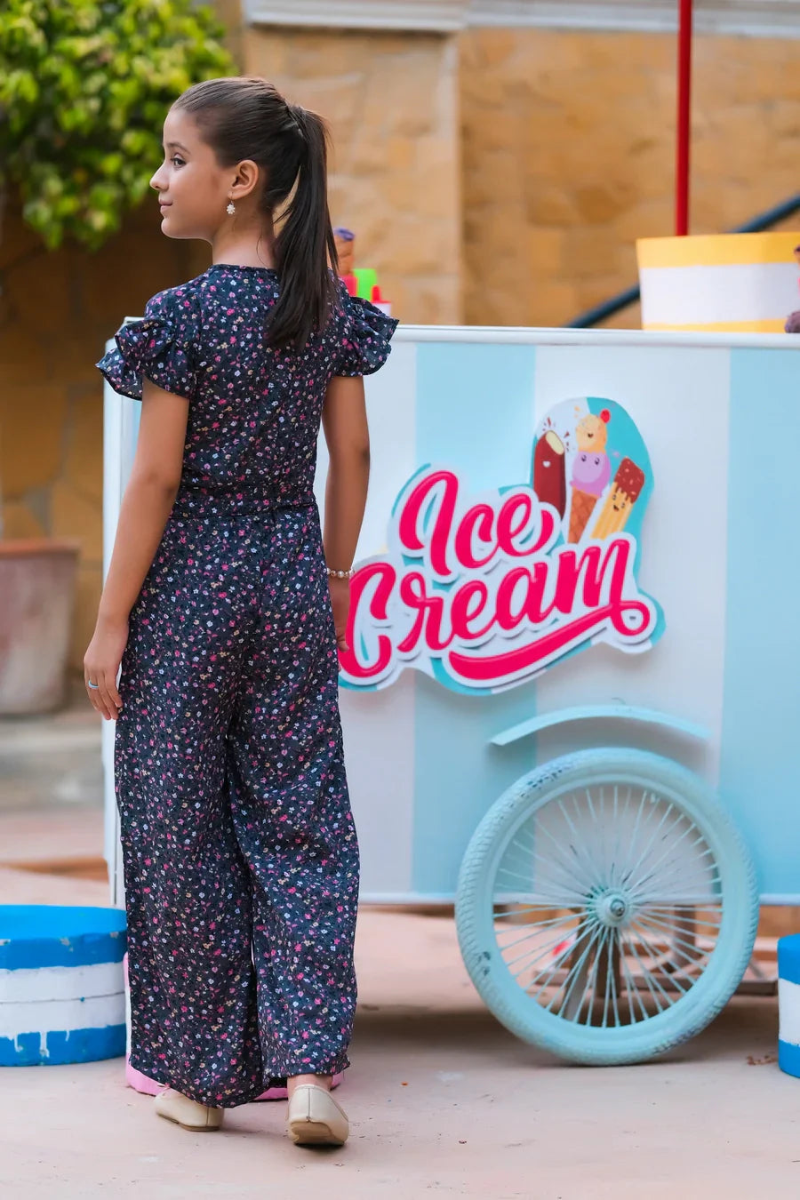 Dhaga Kids Pret Solids Linen 1 Piece Grey Pink Floral Ruffle Jumpsuit DHKJP01 - Summer Collection